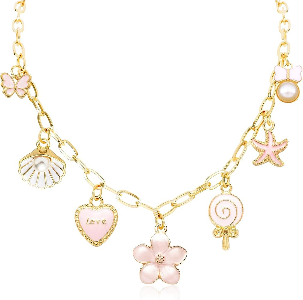 HUASAI Charm Necklace for Women Dainty Gold Paperclip Chain Necklace Trendy Flower Starfish Bow B... | Amazon (US)