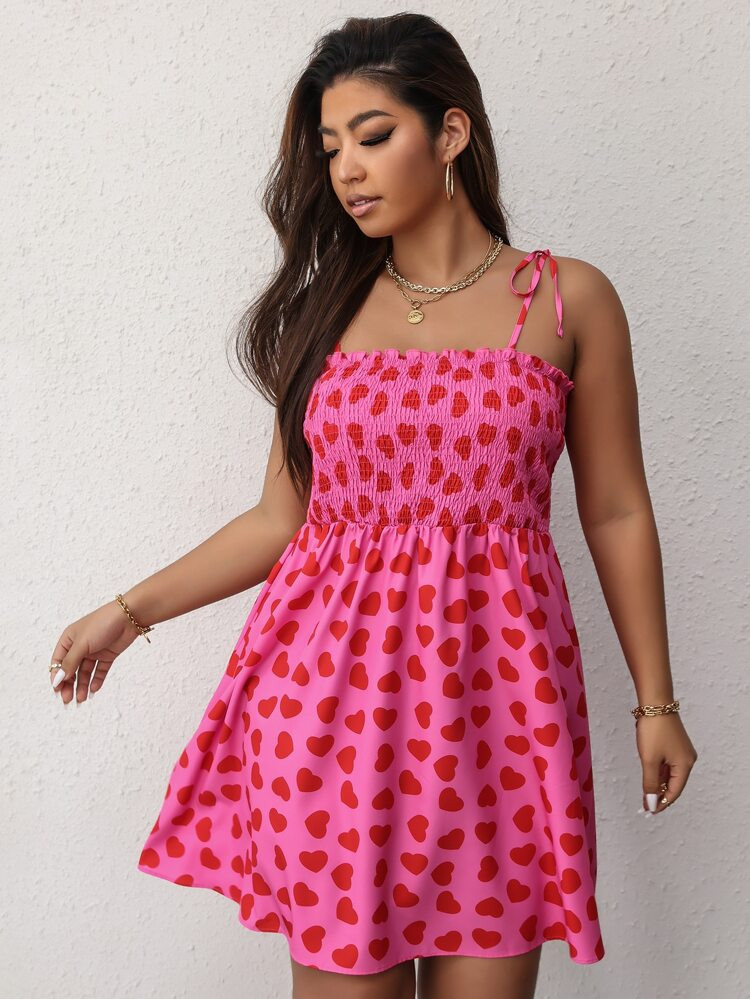 Plus Heart Print Shirred Frill Trim Knot Shoulder Cami Dress | SHEIN