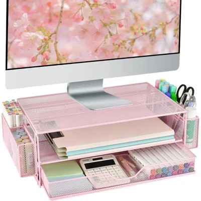 Pink Computer Monitor Stand Riser with Drawers and Pen Holders – Desk Organizer and Workspace Accessory | Wayfair North America
