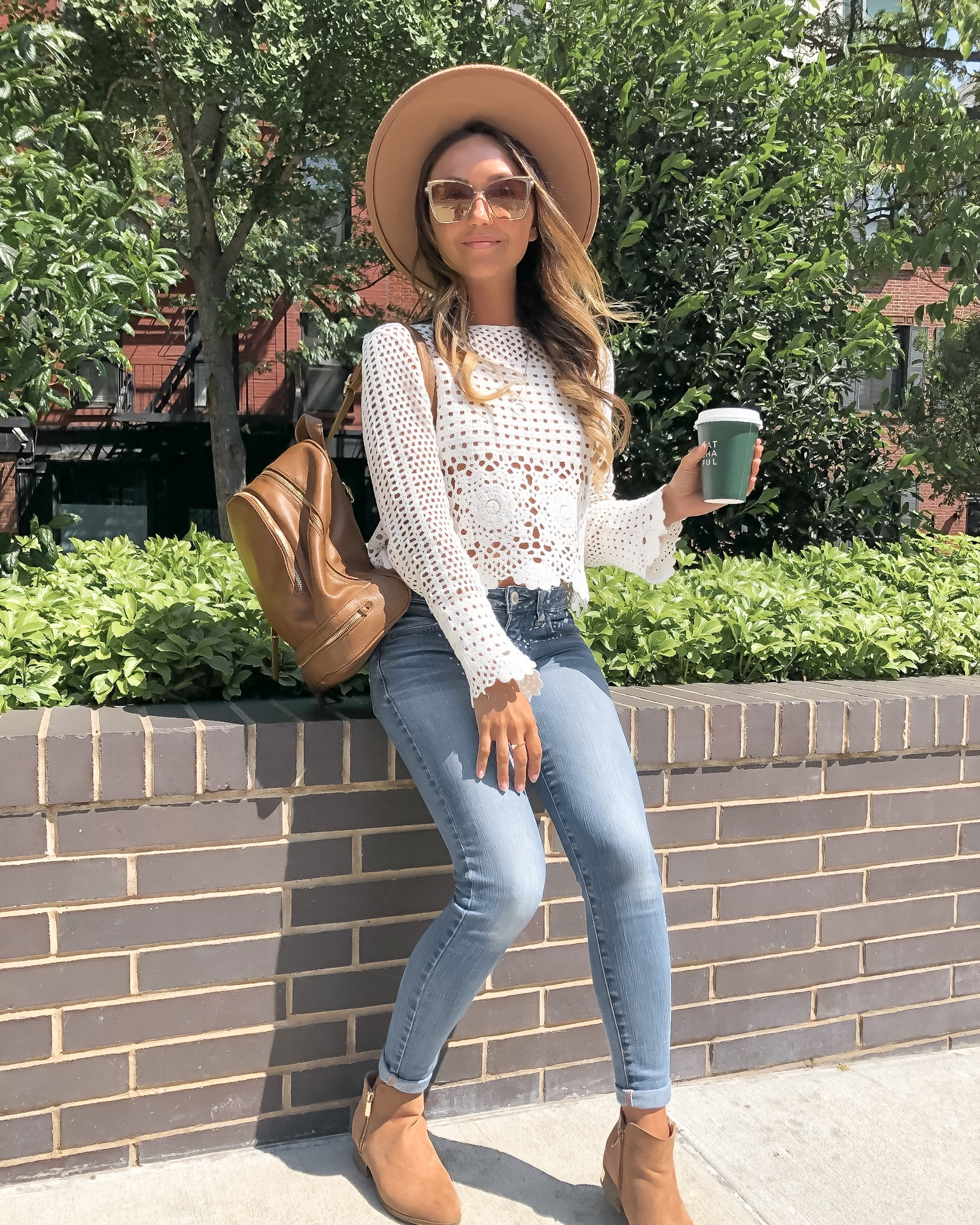 Spring outfit inspo: white crochet long sleeve top, denim skinny jeans, tan ankle booties, fedora hat & sunglasses 

// #ltkunder50 #ltkunder100 #ltkseasonal #ltkfind #ltkshoecrush #ltkstyletip #ltktravel spring outfit, spring outfits, spring fashion, spring break, travel outfit, ankle boots, spring shoes, neutral style, casual style, Lulus, Diff, Pink Lily, Abercrombie