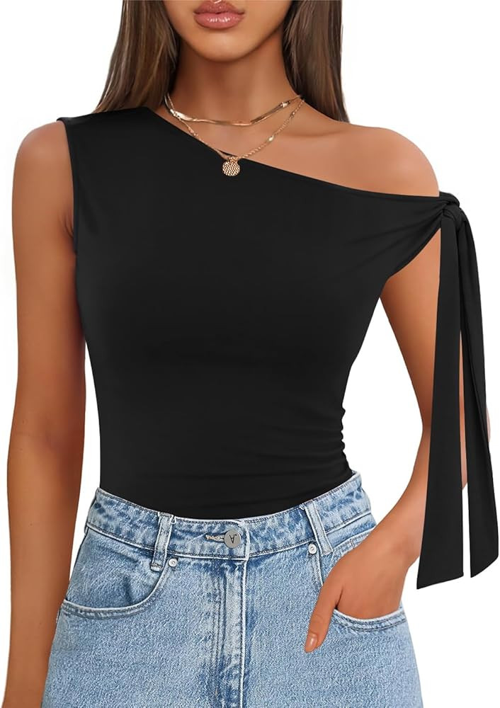 ZESICA Women's Off Shoulder Tops 2025 Summer Sleeveless Knit Slim Fit Cute T Shirts Going Out Tan... | Amazon (US)