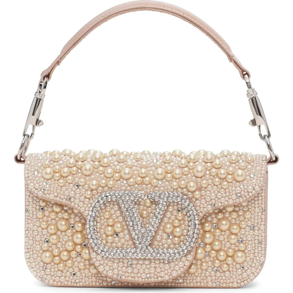 Valentino Garavani Small Locò VLOGO Faux Pearl & Crystal Embellished Satin Shoulder Bag in White/Cream at Nordstrom | Nordstrom