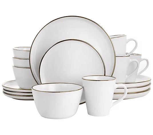 Elama 16-Piece Stoneware Dinnerware Set in Blac k with Gold Ri | QVC