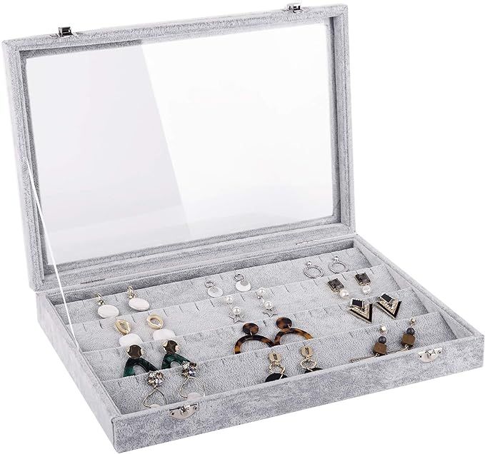 Emibele Jewelry Tray, Clear Lid 40 Slots Earrings Organizer Jewelry Storage Box Display Case, Sof... | Amazon (US)