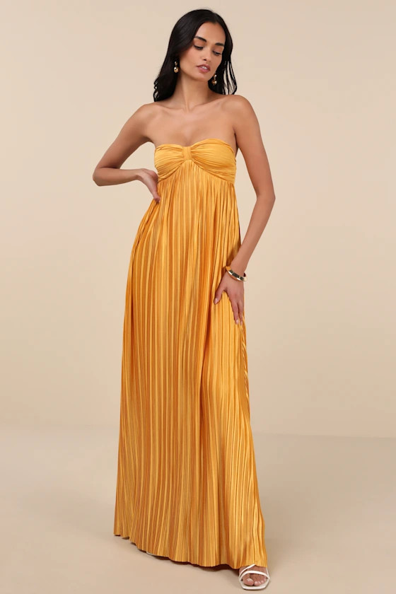 Whimsical Beauty Golden Yellow Satin Plisse Strapless Maxi Dress | Lulus
