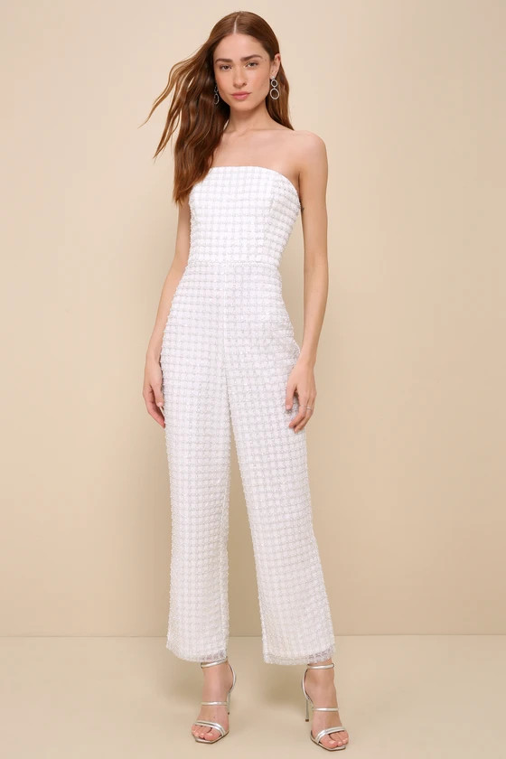 Brilliant Magnificence White Pearl Sequin Strapless Jumpsuit | Lulus