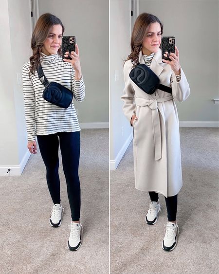 Ways to style a long knit wool coat for Winter | stripe turtleneck tee, black leggings, sneaker, belt bag 

#LTKstyletip