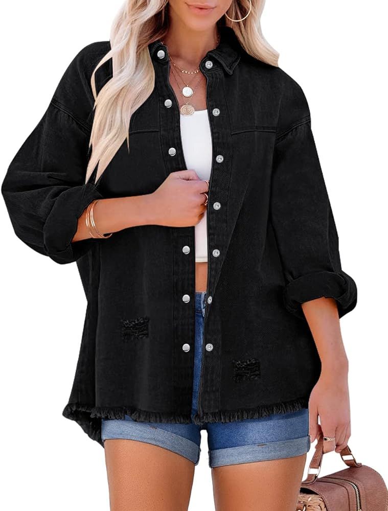 LookbookStore Womens Denim Jacket Oversized Button Down Shirts Jean Shacket Distressed Frayed Coa... | Amazon (US)
