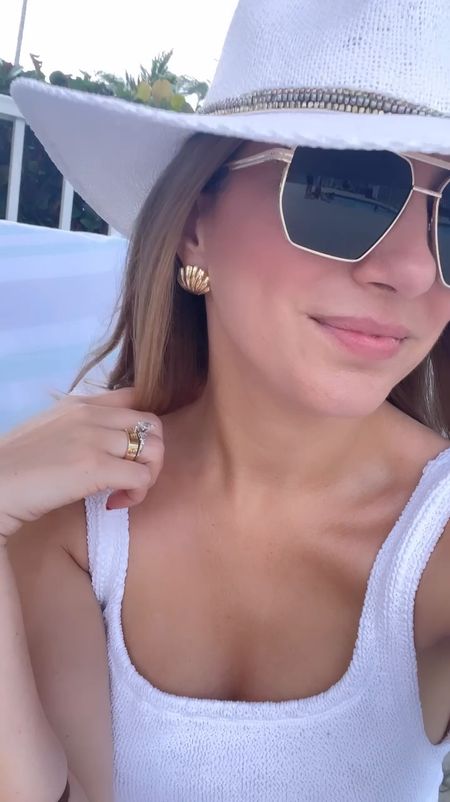 Amazon shell earrings! Not heavy at all. 
Amazon sunglasses, Hunza G swimsuit, white ribbed one piece swimsuit! White hat! #summer #florida 

#LTKFindsUnder50 #LTKSwim