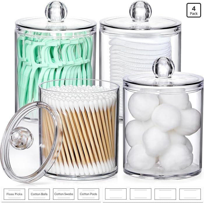 4 Pack Acrylic Qtip Holder Dispenser for Cotton Swabs, Balls, Pads, Floss Picks- Small Clear Acry... | Amazon (US)