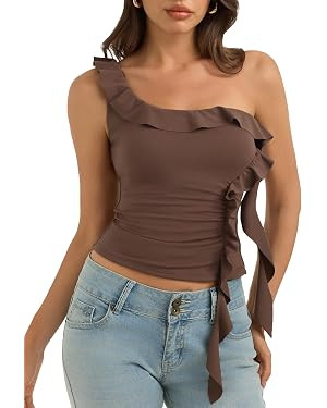 REORIA Women’s One Shoulder Tank Top Sleeveless Ruffle Double Lined Fitted Casual Top | Amazon (US)