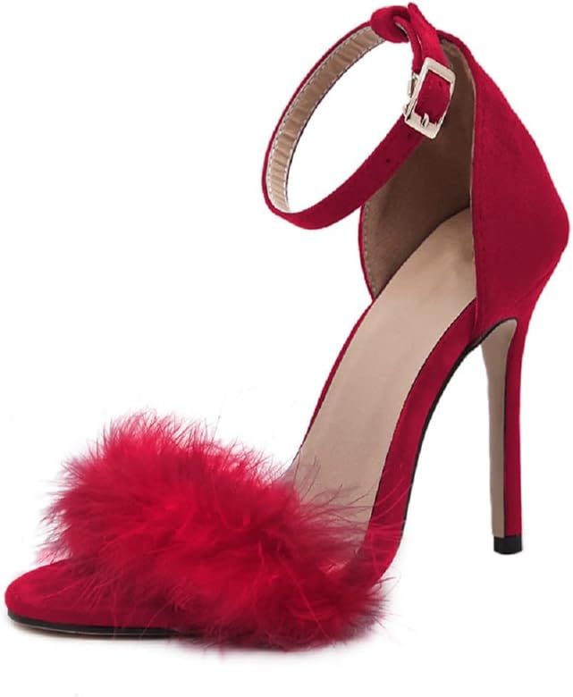 YIBLBOX Women's Open Toe Sandal Fluffy Feather Lace Up Strappy High Heel Shoes | Amazon (US)