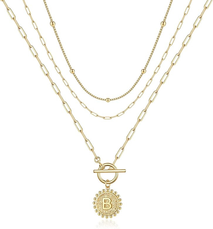 IEFWELL Layered Gold Initial Necklaces for Women, 14K Gold Plated Paperclip Link Necklace Toggle ... | Amazon (US)