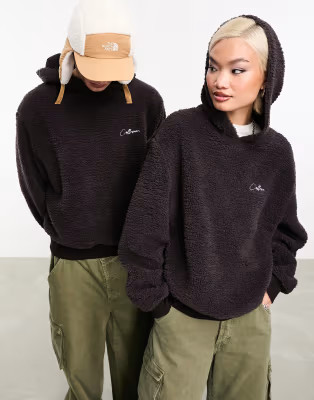 COLLUSION Unisex borg hoodie in brown with embroidered logo | ASOS (Global)