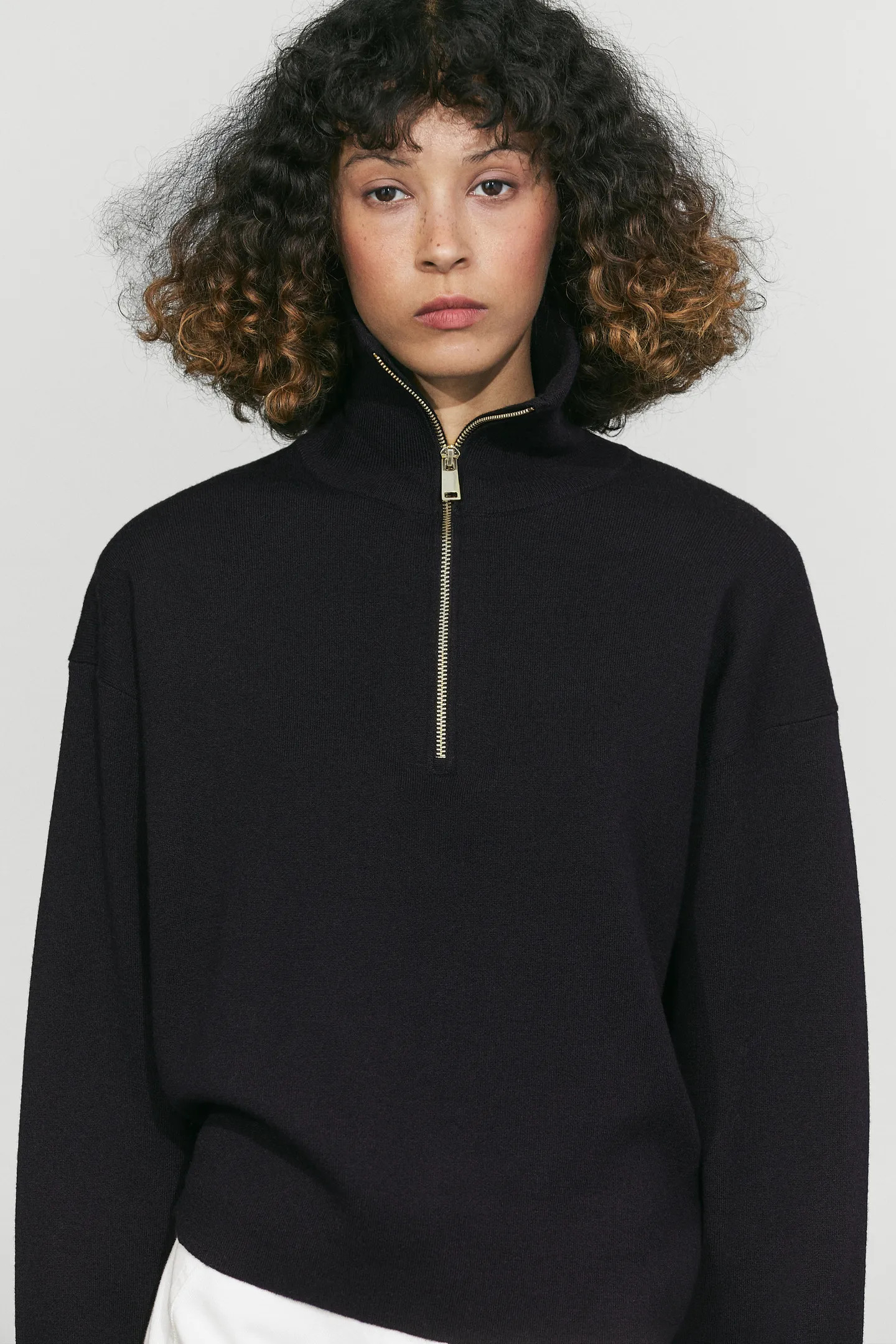 Cotton blend quarter-zip knit polo sweater | Massimo Dutti US
