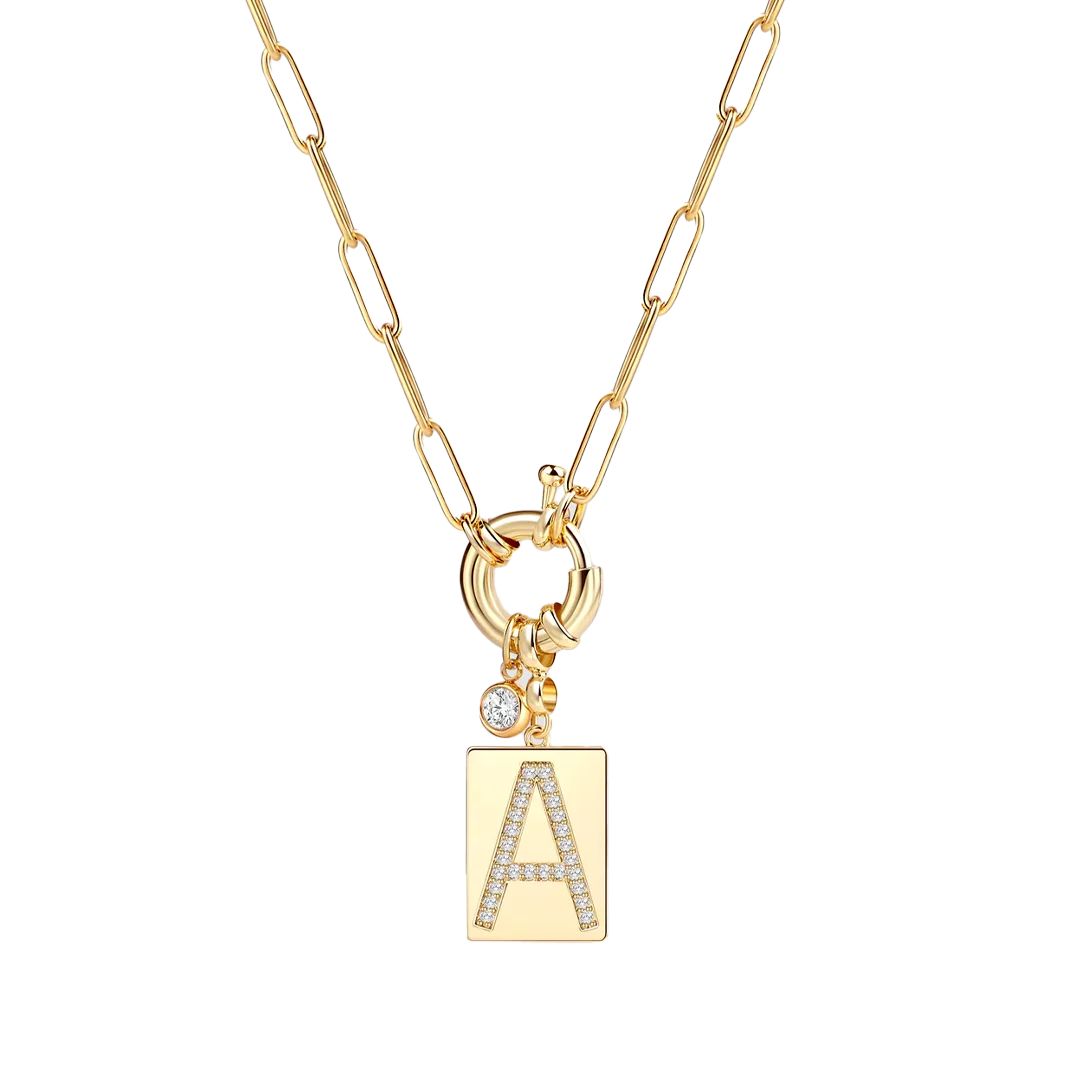 Pave Initial Pendant Necklace with Paperclip Chain | Mint & Lily
