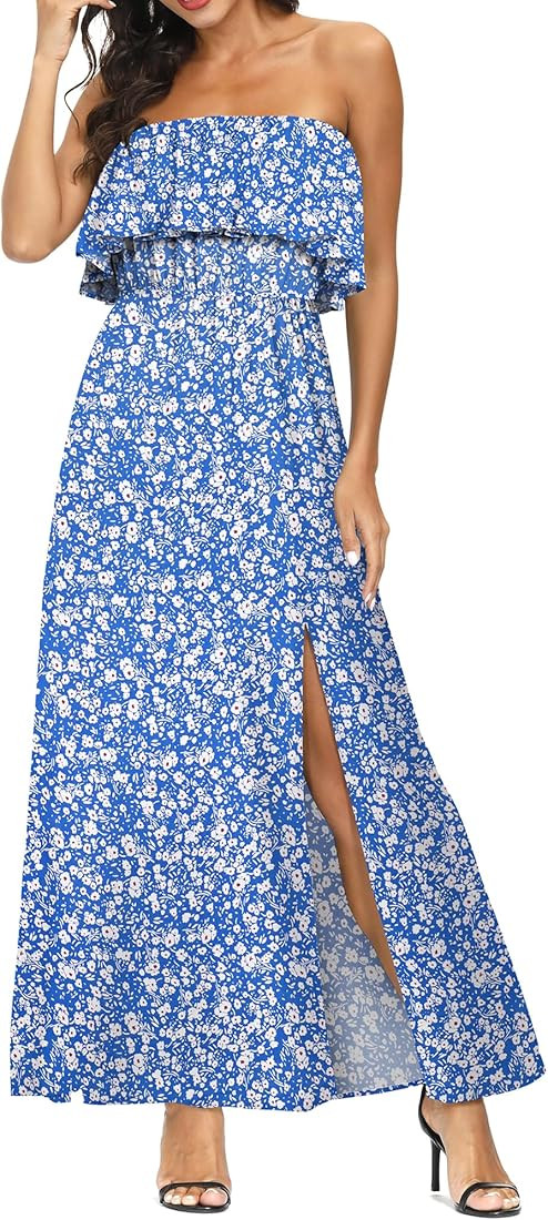 ZMPSIISA Women's Summer Off The Shoulder Maxi Dress Ruffle Strapless Blue White Porcelain Boho Ca... | Amazon (US)