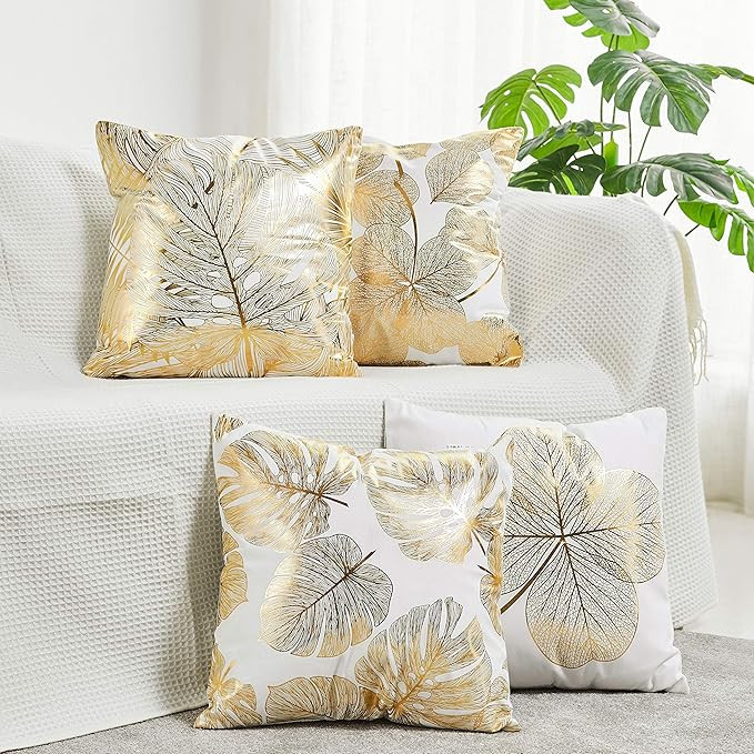 NeatBlanc Pack of 4 Decorative Throw Pillow Case Cushion Cover Gold Stamping Leaves 18 x 18 inche... | Amazon (CA)