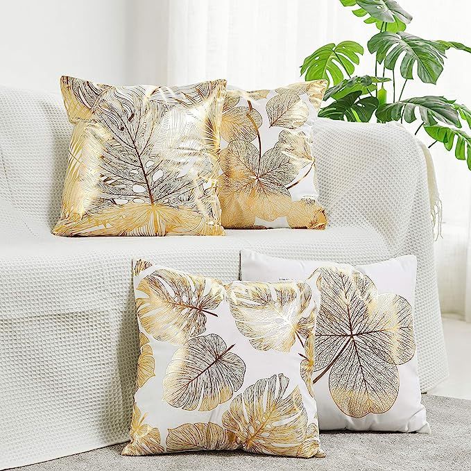 NeatBlanc Pack of 4 Decorative Throw Pillow Case Cushion Cover Gold Stamping Leaves 18 x 18 inche... | Amazon (CA)