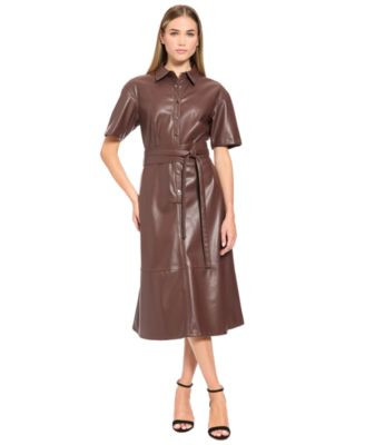 Women's Faux Leather Short-Sleeve Midi Dress | Macy's