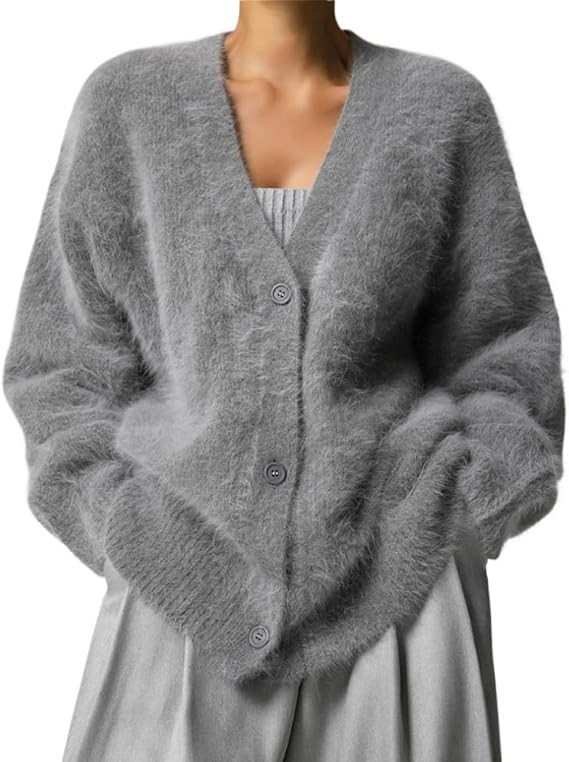 Womens Fuzzy Sweaters Cardigan V-Neck Button Down Oversized Mohair Sweater Casual Y2k 2025 Fall W... | Amazon (US)