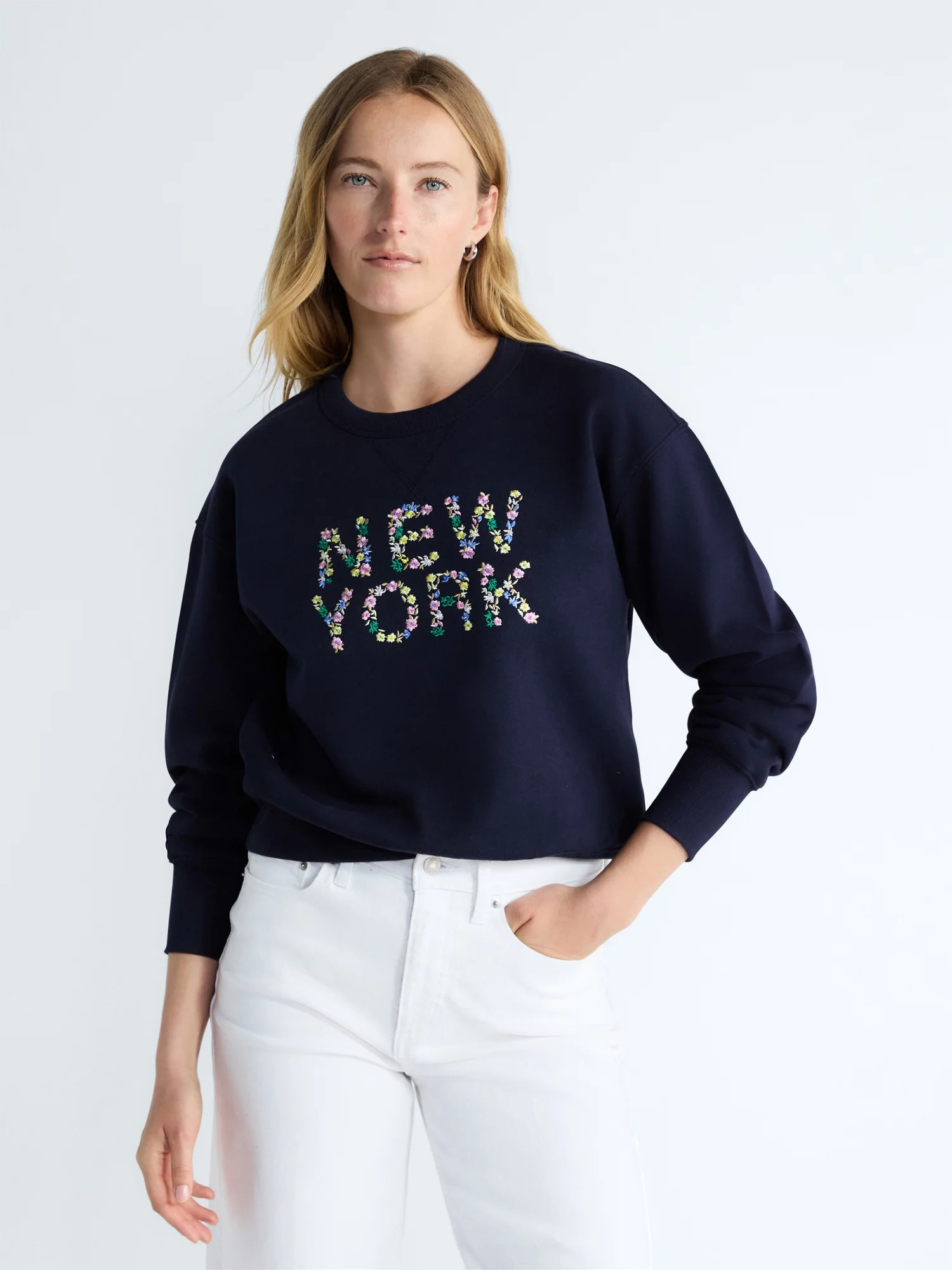 Free Assembly Women's and Women's Plus Embroidered Shrunken Sweatshirt with Long Sleeves, Sizes X... | Walmart (US)