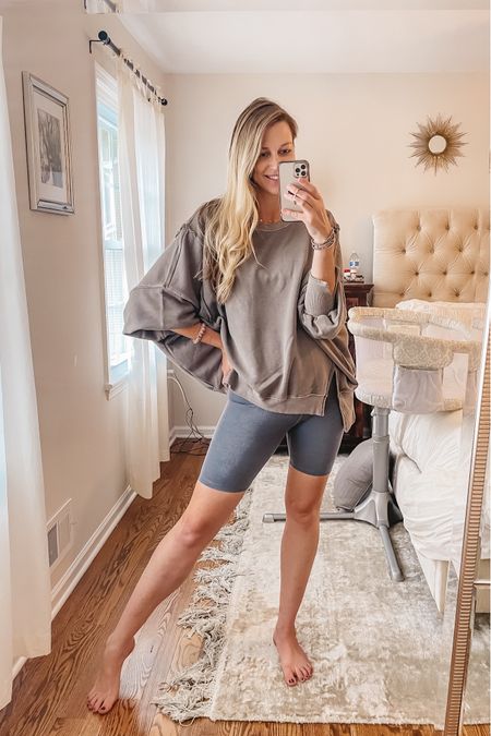 Affordable comfy clothes I’ll be living in this fall. Postpartum style. Ribbed bike shorts and oversized sweatshirt  

#LTKstyletip #LTKSeasonal #LTKunder50