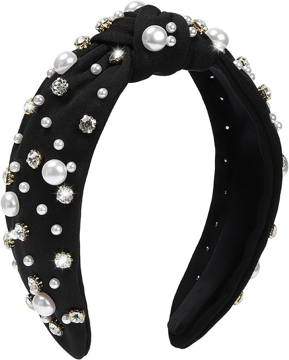 WantGor Pearl Knotted Headband, Women Rhinestone Embellished Hairband Elegant Wide Top Knot Bride... | Amazon (US)