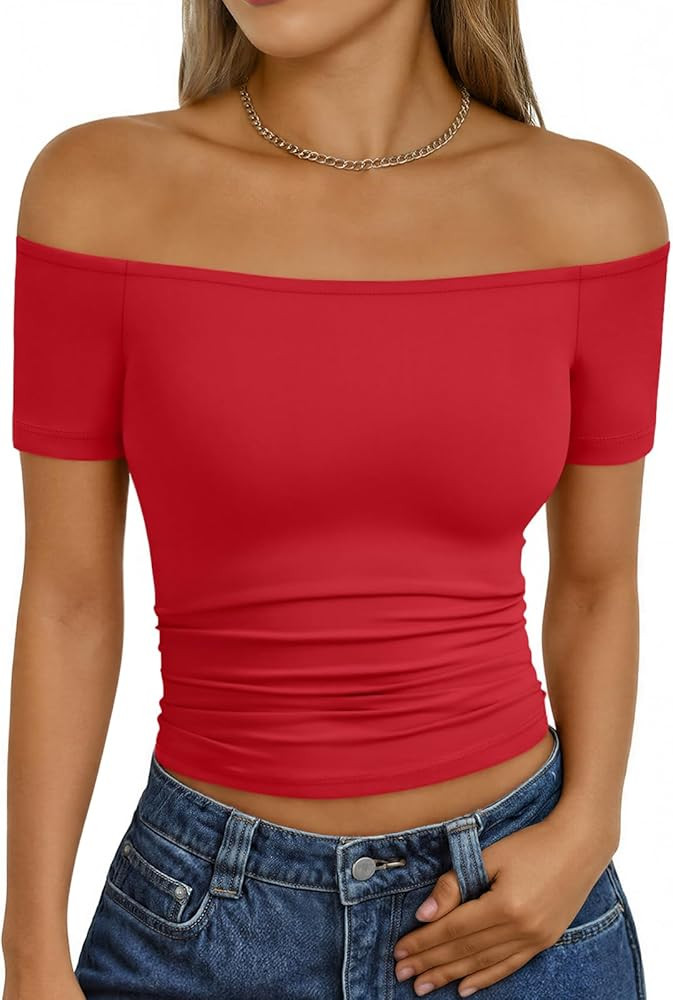 Trendy Queen Summer Off The Shoulder Tops for Women Going Out Short Sleeve Shirts Cute Y2K Sexy B... | Amazon (US)