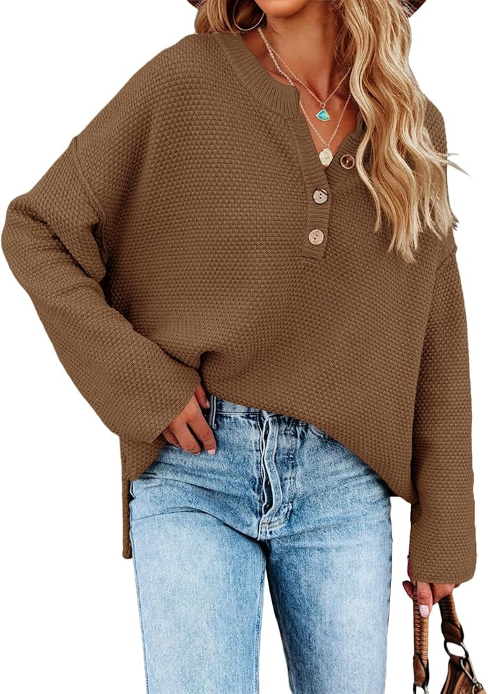 Saodimallsu Women's Oversized Sweaters Batwing Long Sleeve Loose V Neck Button Henley Tops Pullov... | Amazon (US)