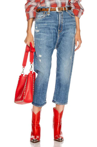 R13 Tailored Drop Slim Crop Leg in Denim-Medium | FWRD 