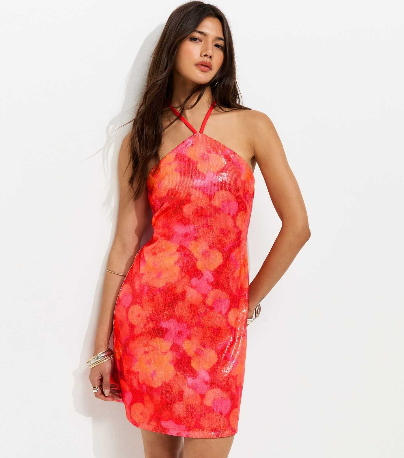 Red Floral Sequin Embellished Halter Mini Dress | New Look | New Look (UK)