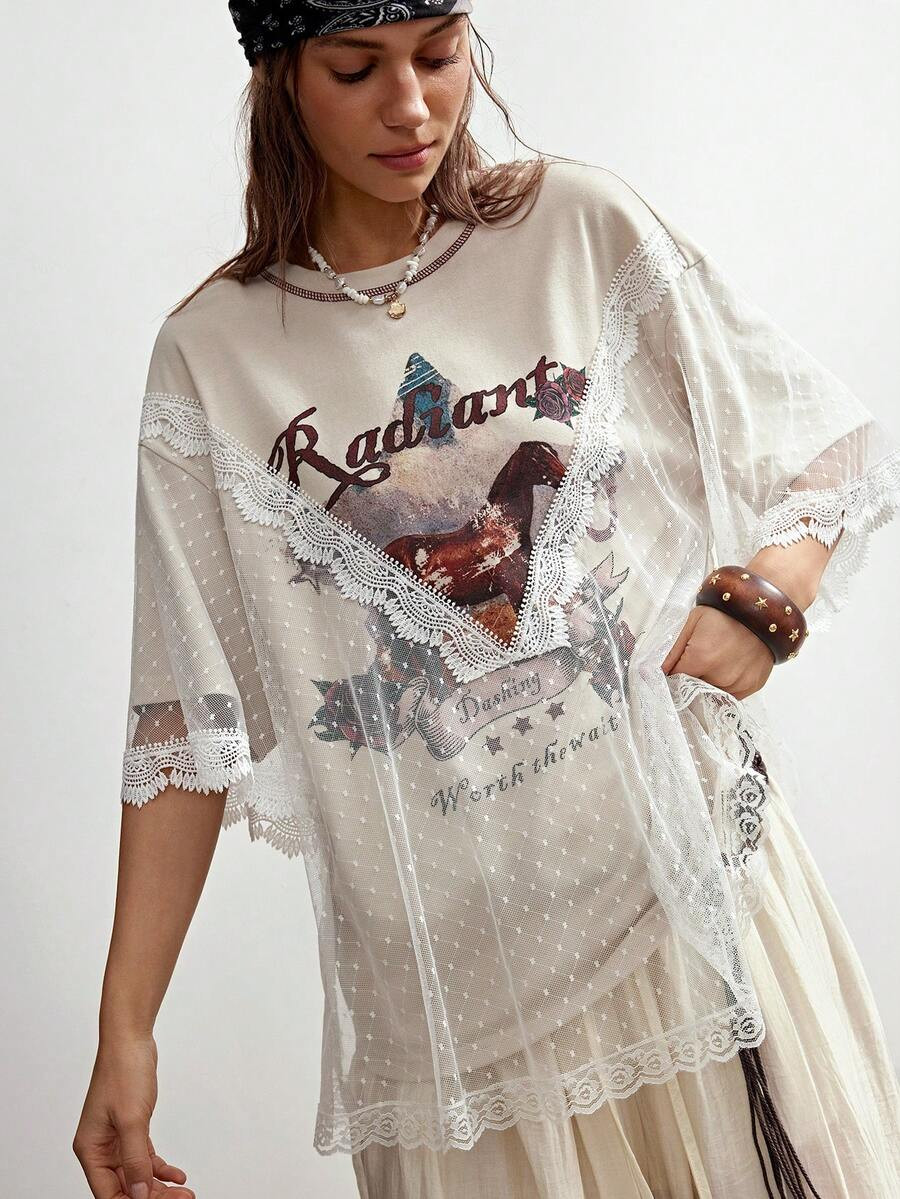 Bohemela Women's Summer Vacation Knit Short Sleeve T-Shirt Lace Clothes Vintage Boho Clothes Trav... | SHEIN
