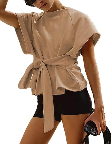 Zhiyouni Women's Summer Short Sleeves Tee T Shirt Crewneck Tie Knot Tops Sweatshirt | Amazon (US)