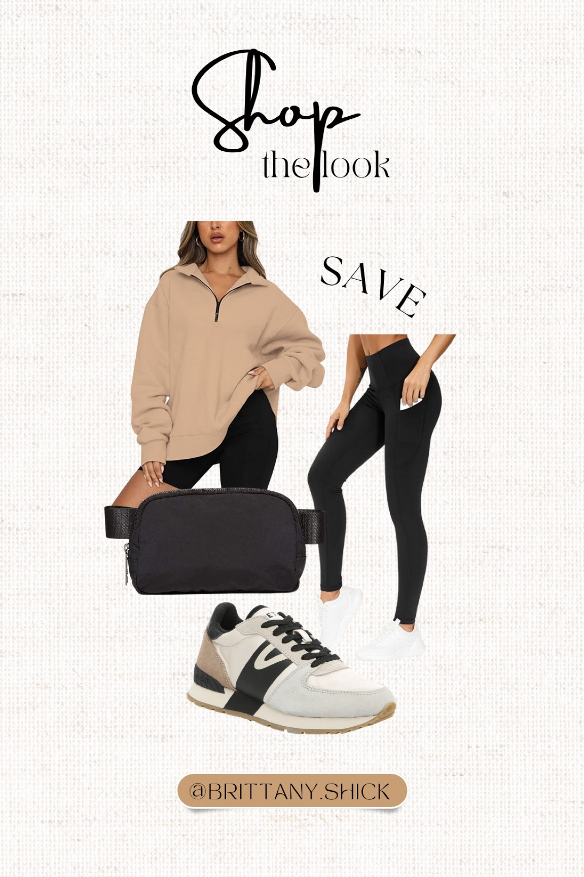 Casual fit affordable outfit travel errands athleisure tan pullover sweatshirt black leggings belt bag sneakers budget look

#LTKtravel #LTKfit #LTKunder50