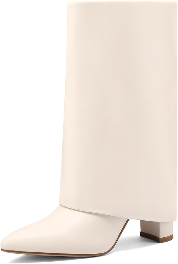 Vaslemuse Women's Mid-Calf Boots Fold Over Chunky Heel Pointed Toe Slouch Riding Boots | Amazon (US)