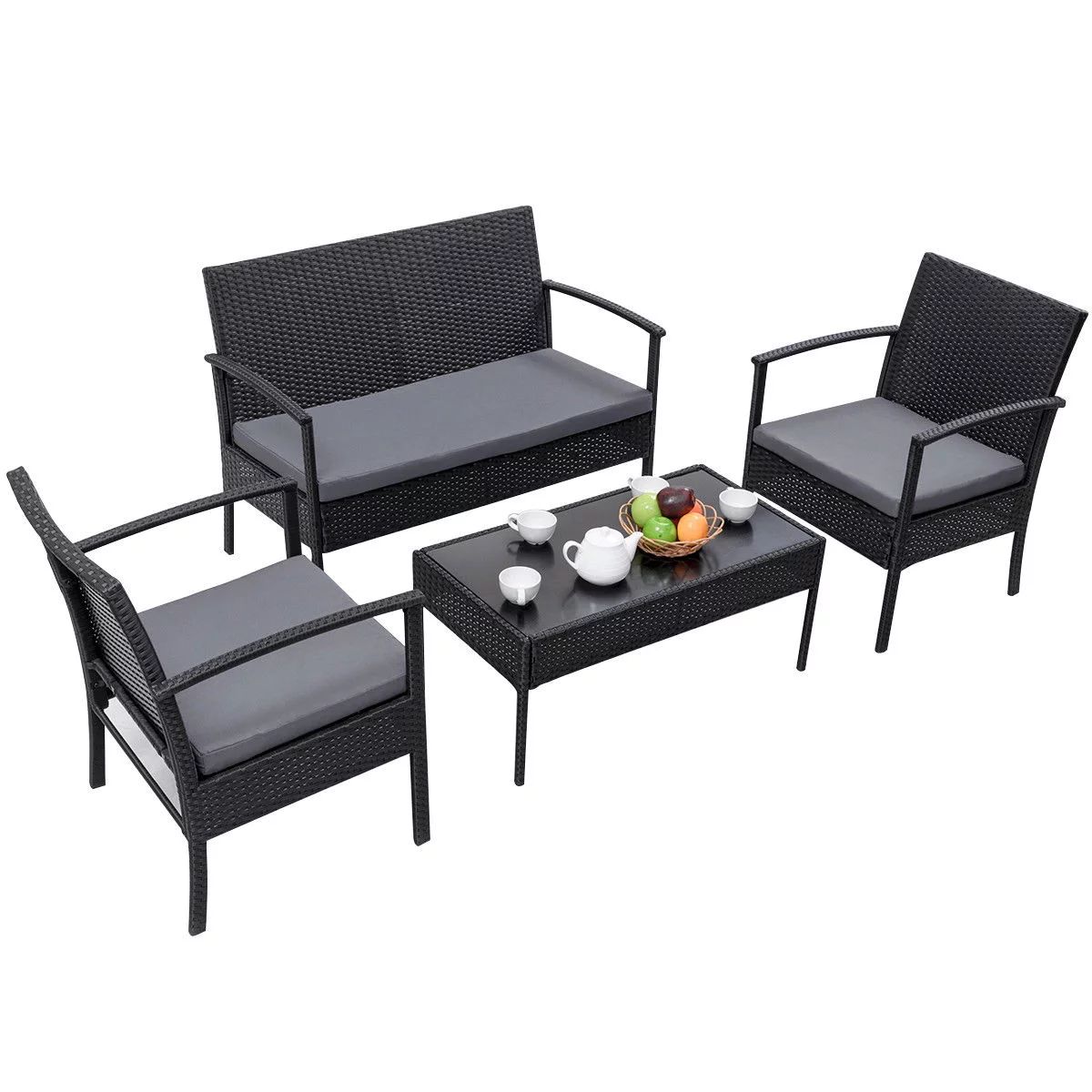 Gymax 4 PC Rattan Patio Furniture Set Garden Lawn Sofa Cushioned Seat Wicker Sofa | Walmart (US)