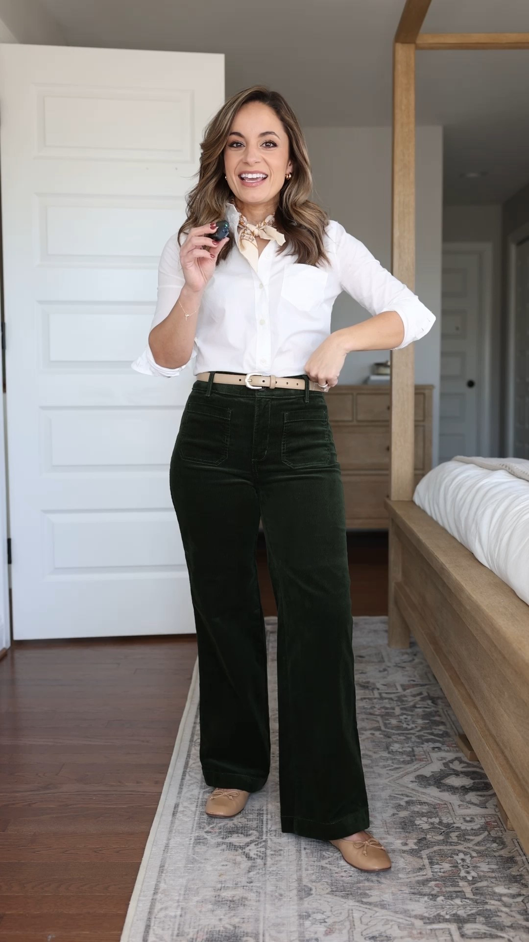 Four casual outfit ideas for work with dark green corduroy pants! 

Pants (LOFT): petite 24 | inches 10” rise | 27.5” inseam | tts 

Outfit 1 
White top (J.Crew Factory): petite xxs 
Scarf (Sezane) 
Belt (Quince): xs in mushroom 
Flats (Sam Edelman): tts 

Outfit 2 
White top (Quince): xs 
Blazer (LOFT): petite xxs/00 - oversized 
Loafers (Sam Edelman): tts 
Belt (Quince): xs in mushroom 

Outfit 3 
White top (J.Crew Factory): petite xxs 
Sweater (LOFT): petite xxs 
Boots (J.Crew): tts 

Outfit 4 
Top (LOFT): petite xxs - oversized 
Flats (Sam Edelman): tts 
Belt (Quince): xs in mushroom 

My measurements for reference: I’m 4’10” and 105lbs. My bust, waist, and hip measurement is 32”, 24”, and 36”.

#LTKPetite #LTKWorkwear