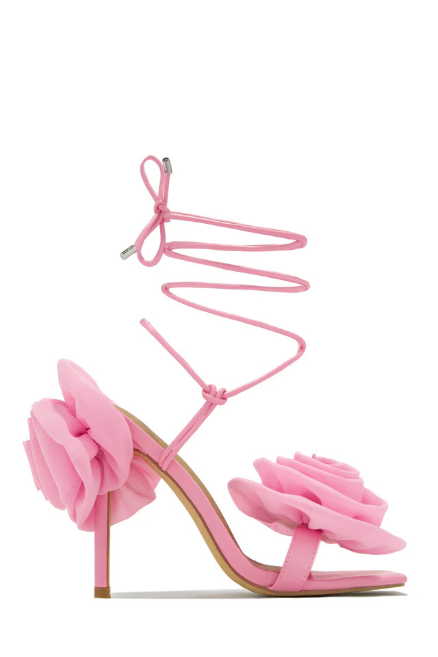 Miss Lola | Divine Bloom Pink Rosette Lace Up Heels | MISS LOLA