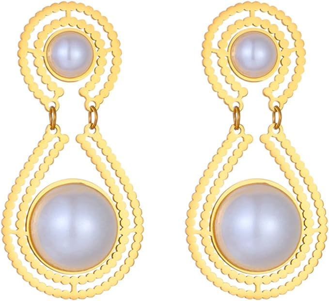 Dainty Big Pearl Earring for Women 14K Plated Gold Titanium Earrings Vintage Geometric Circle Whi... | Amazon (US)