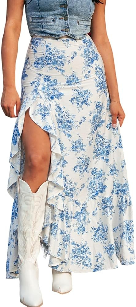 EARKOHA Women's 2025 Casual Boho Skirt Sky Blue Boho Floral High Waist Ruffle Split Maxi Skirt | Amazon (US)