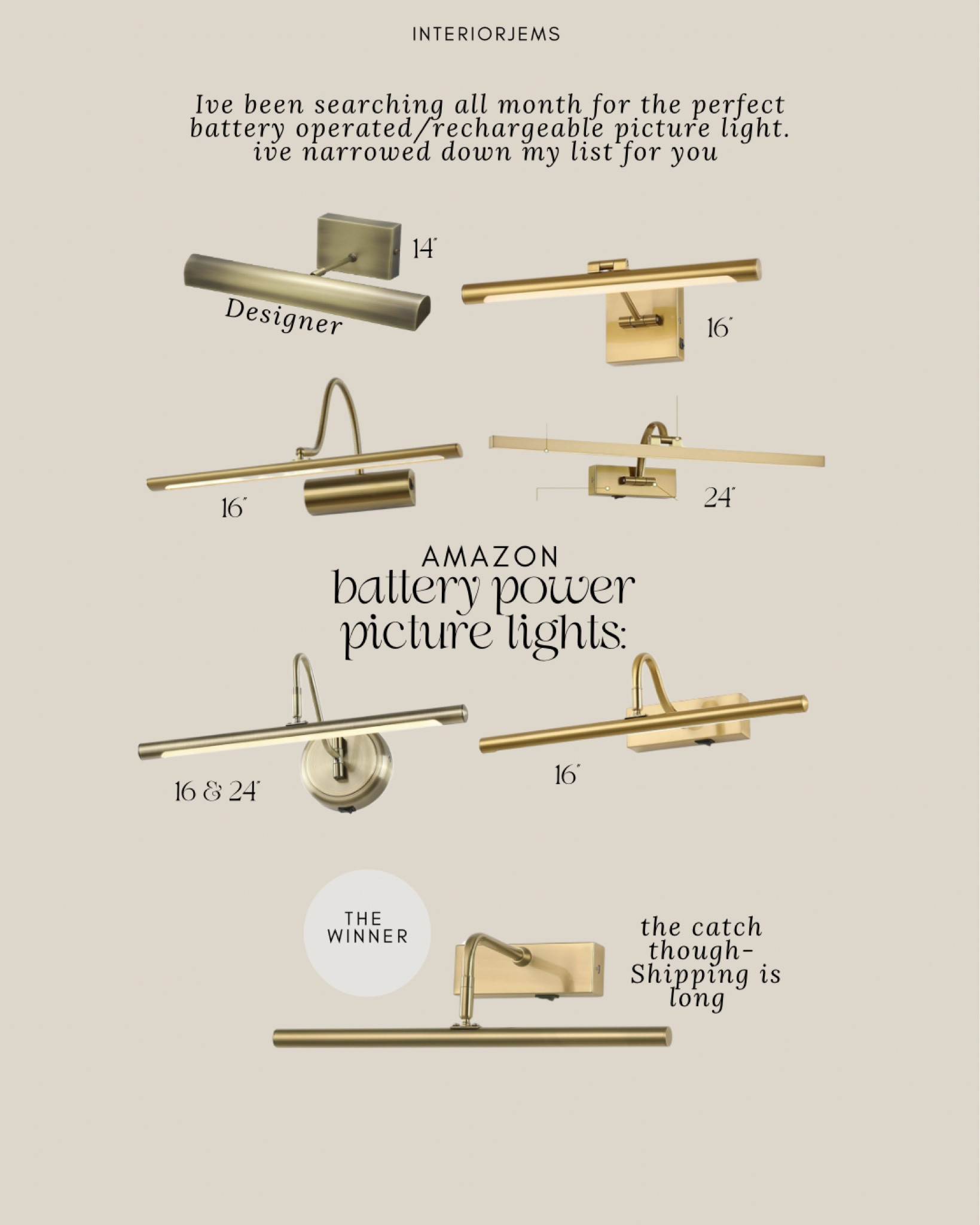 I say this when I mean it, I have been looking for the perfect battery powered picture lights that can also be rechargeable and is affordable. All of these except one is very affordable. I did order the one on the bottom- to me this one looks the most designer. The only drawback is shipping is over a month. I am willing to wait and I will share once I get them.

#LTKHome #LTKStyleTip #LTKSaleAlert