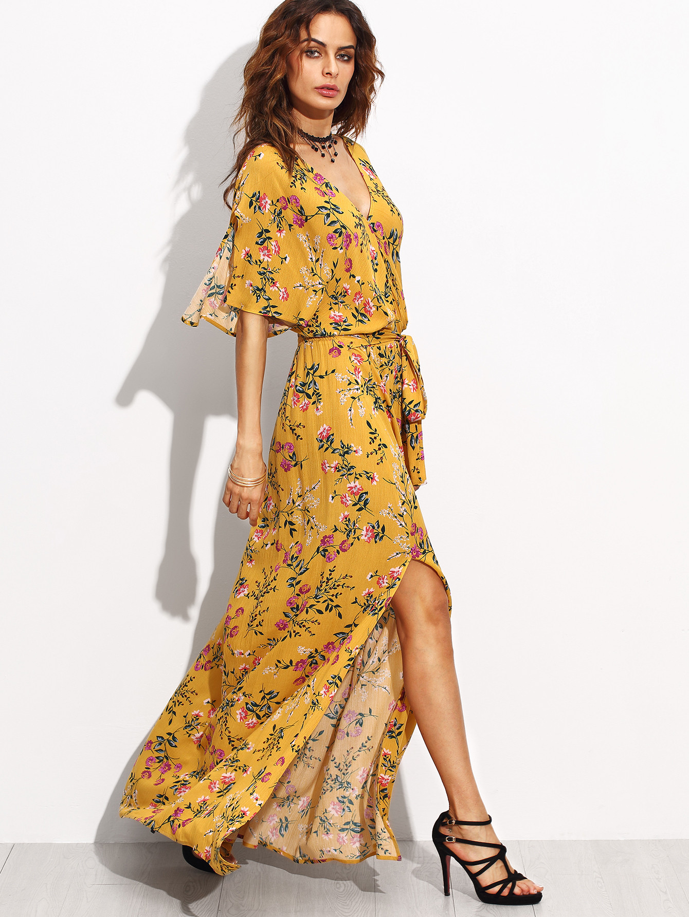 Yellow Print Split Side Maxi Dress | SHEIN