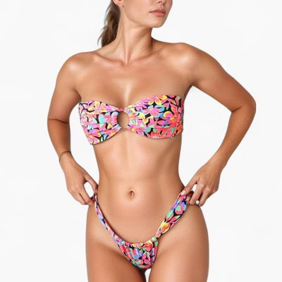 Anna-Kaci Women's Bandeau Bikini Set with Keyhole Front and High Leg Bottoms in Checkered Texture Fabric - Small, Pink | Target