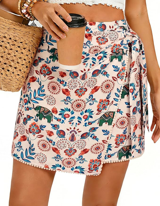 Kate Kasin Women's Boho Mini Skirts Floral Wrap Tie Skirt Elastic High Waisted Summer Casual Beac... | Amazon (US)