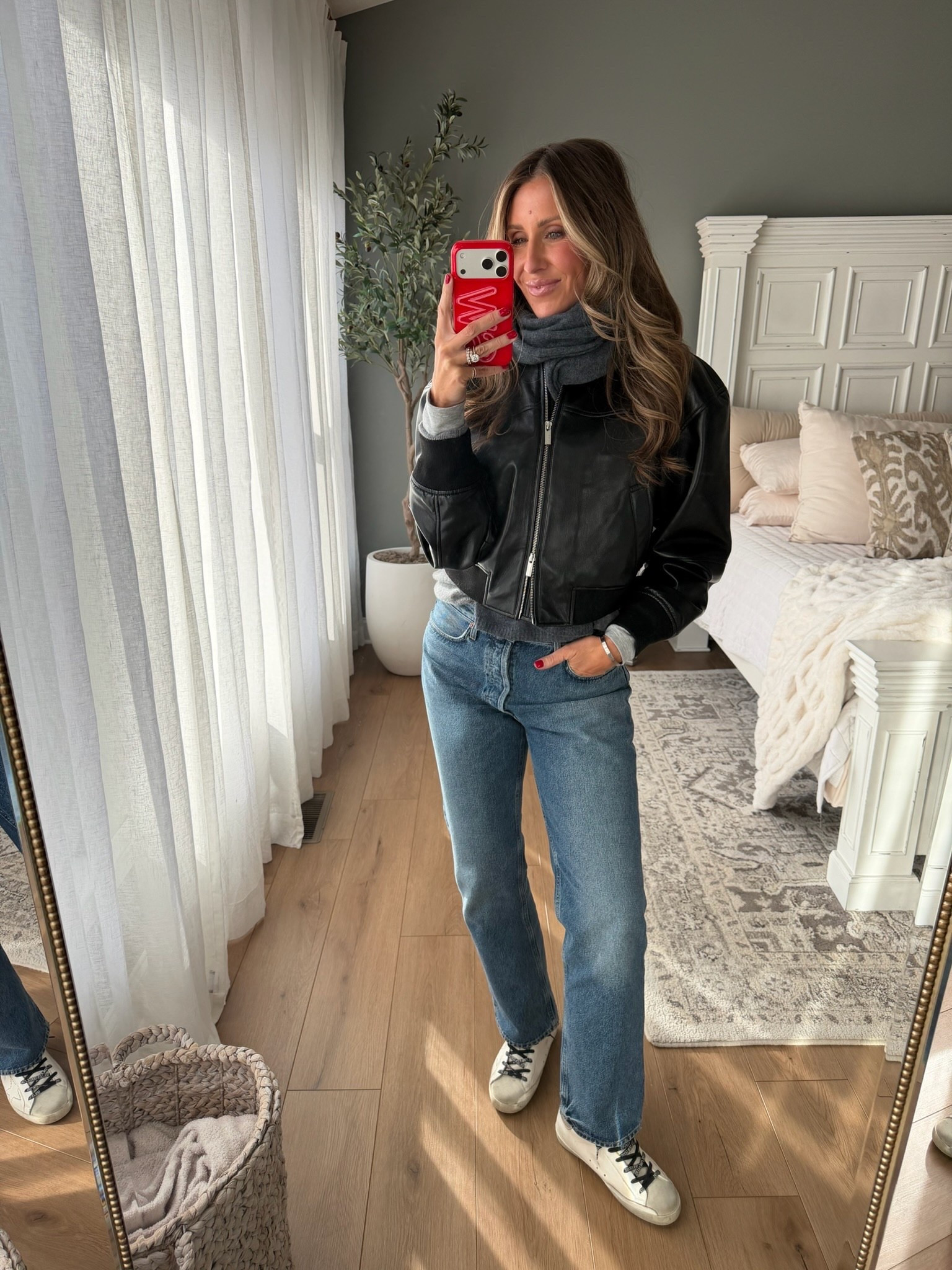 Leather jacket, cozy scarf, cashmere scarf, jeans, winter outfit, sneakers, mom outfit, themominstyle 

#LTKSeasonal #LTKmomlife #LTKootd