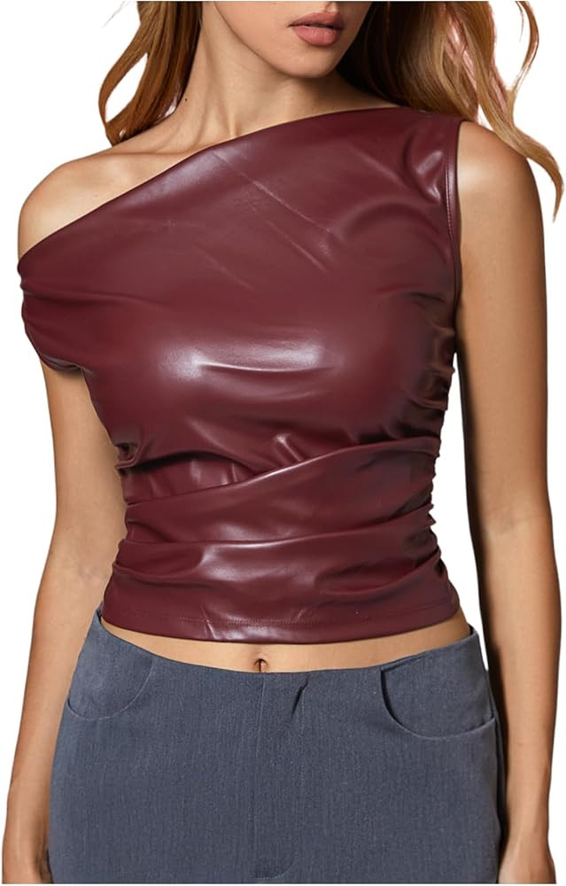 Floerns Women's Asymmetrical Neck PU Leather Tank Top Sleeveless Ruched Crop Tops | Amazon (US)