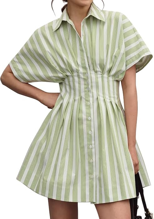 Women Y2K Striped Button V Neck Pleated Mini Short Shirt Dress | Amazon (US)