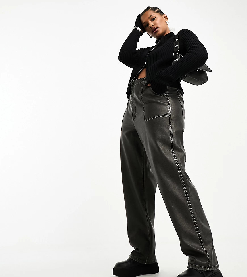 ASOS DESIGN Curve faux leather utility pants with adjustable waist in washed black | ASOS (Global)