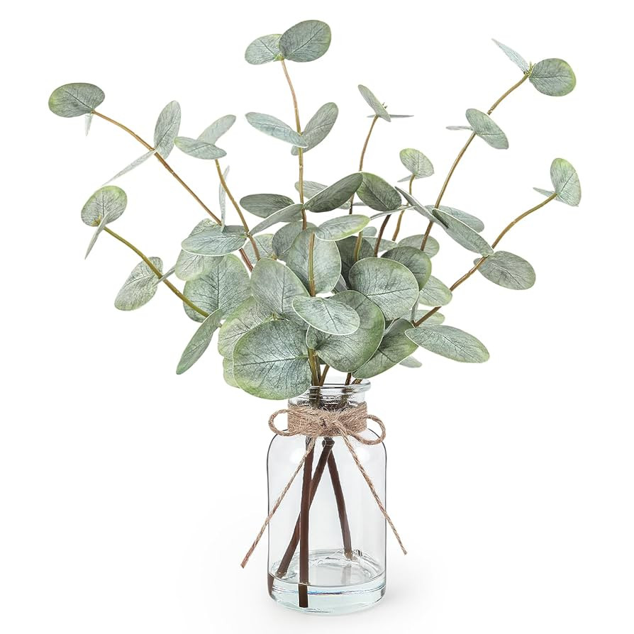 Artificial Eucalyptus Stems in Glass Vase with Faux Water, 13.5” Fake Plants for Home Decor, Co... | Amazon (US)